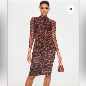 PRETTY LITTLE THING RUCHED LEOPARD BODYCON DRESS, S